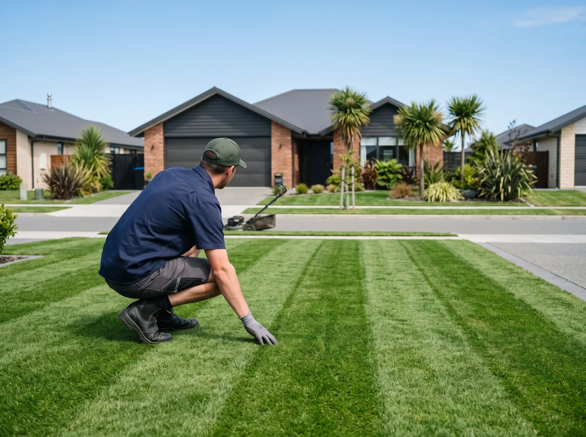 Lawn-care worker crouched with a hand on freshly striped turf, modern home behind
