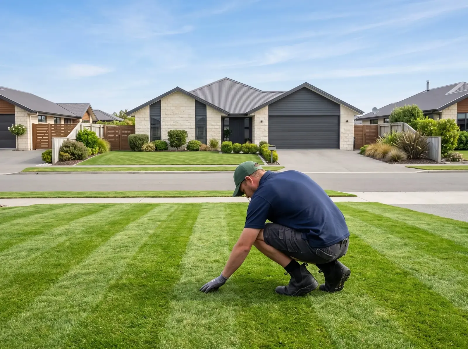 Lawn-care worker crouched inspecting freshly striped turf with a modern home across the street