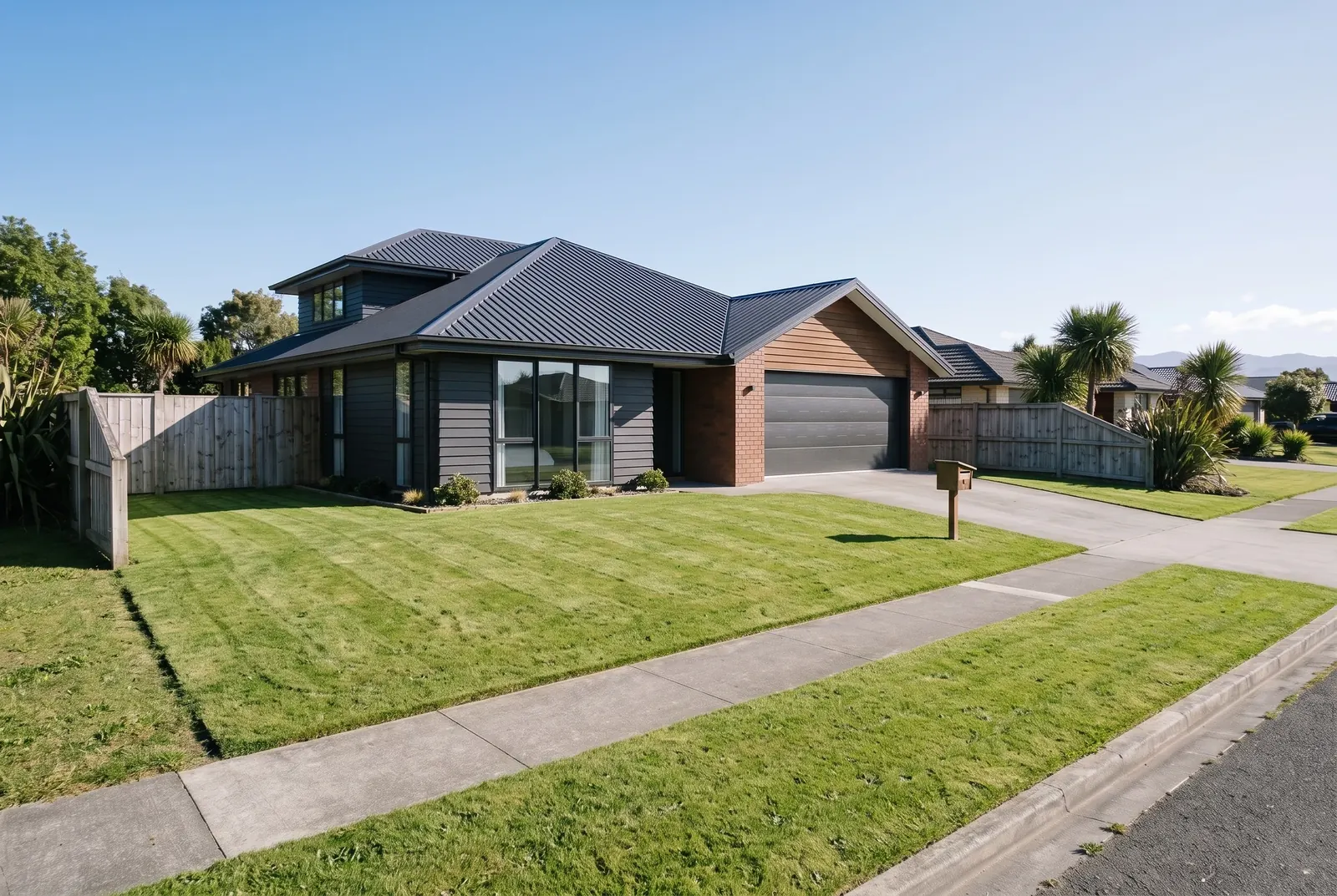 The same front lawn and berm freshly mown, even and green with clean edges