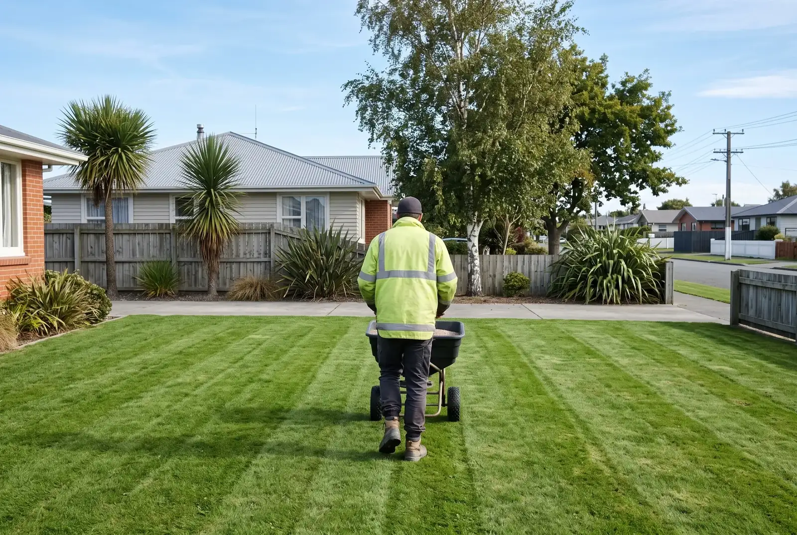 Worker pushing a fertiliser spreader in straight lines across a lawn