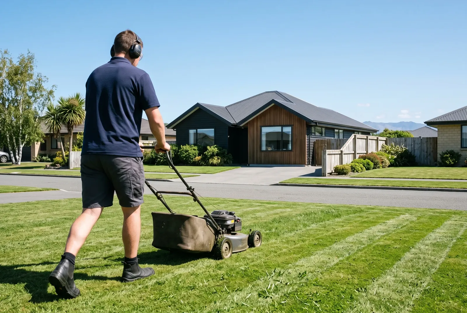 Worker pushing a catcher mower across a front lawn, leaving neat stripes