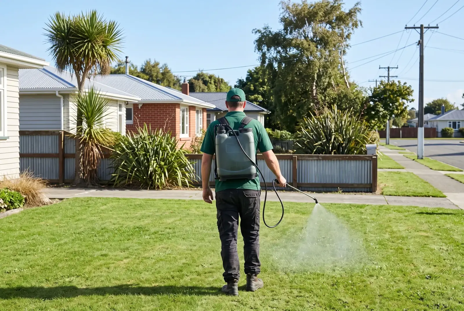 Lawn-care worker spraying a green lawn with a backpack sprayer