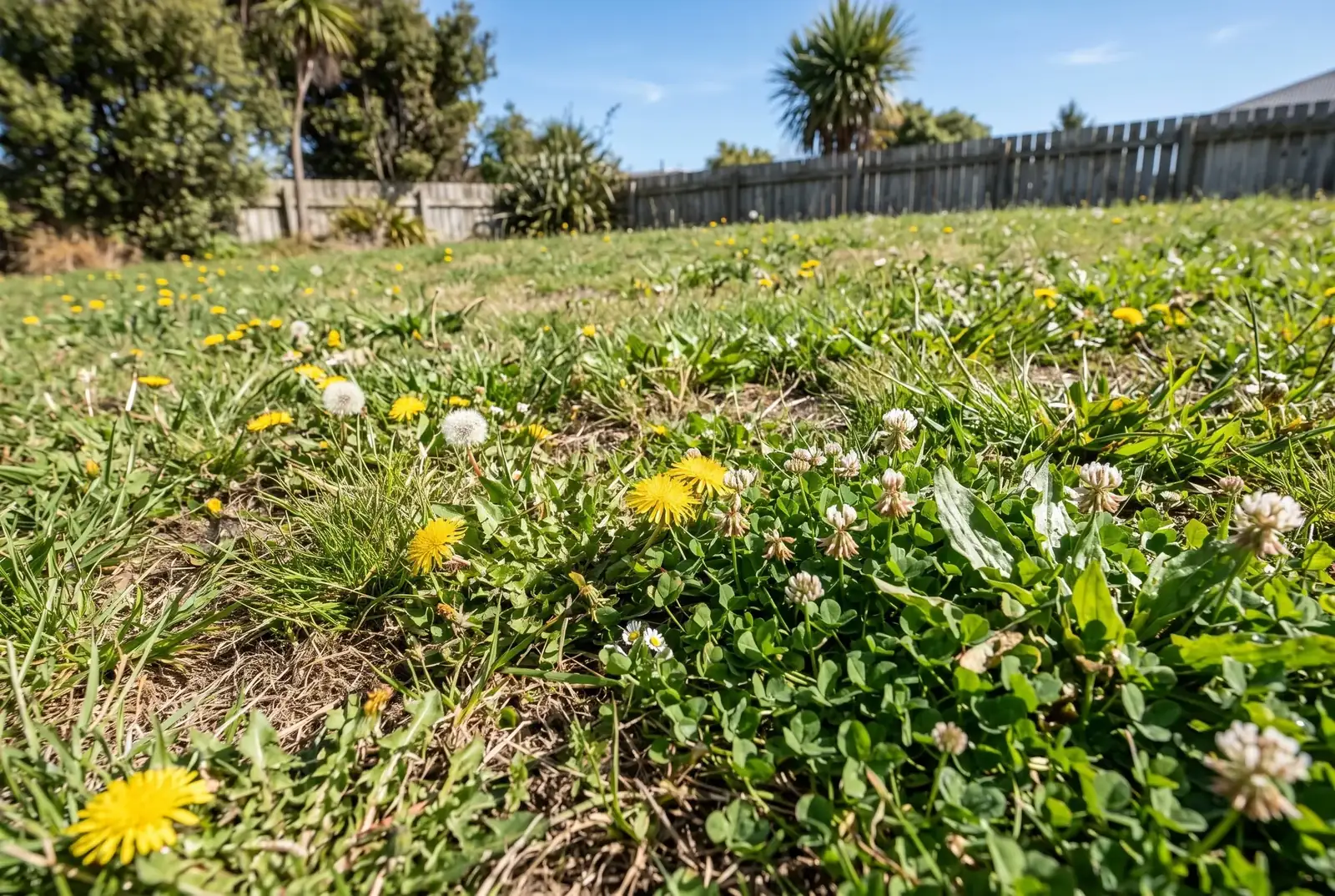 Close view of a weedy lawn with clover and dandelions